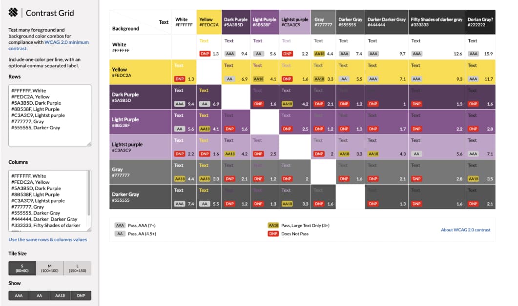 Color matrix with the same colors on x and y axes and their color contrast ratio when used together