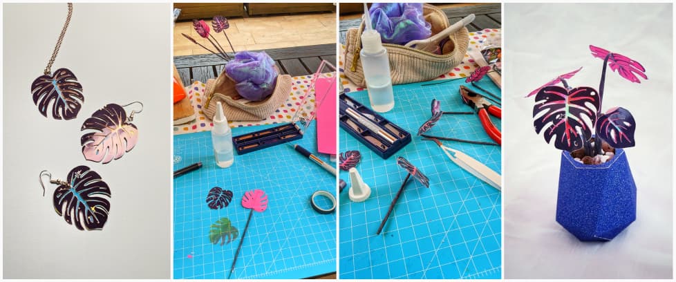 Collage of some mini monsteras in paper and some paper earring with the same mini monstera pattern