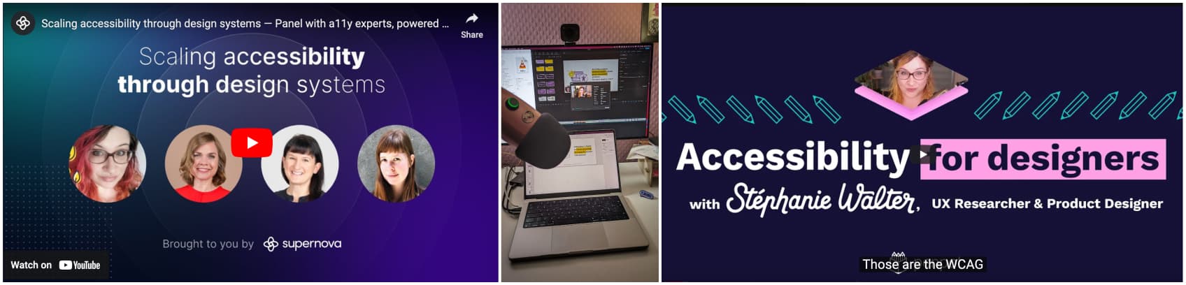 Collage of 2 youtube thumbnails for the accessibility panels and video, and a photo of my setup to create the video with the microphone and video montage in the background