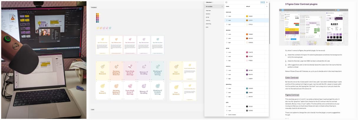 a collage of a picture of a microphone with screens that show some video editing (behind the scene of my talk recording), a screenshot of the new cards with pastel colors and of the article on color contrast