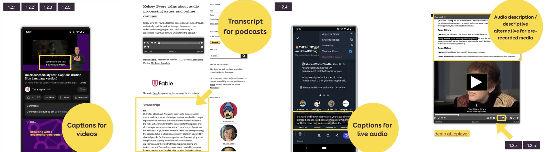 Screenshots of examples of Captions for videos, transcript for podcasts, Captions for live audio (twitter) and Audio description / descriptive alternative for pre-recorded media
