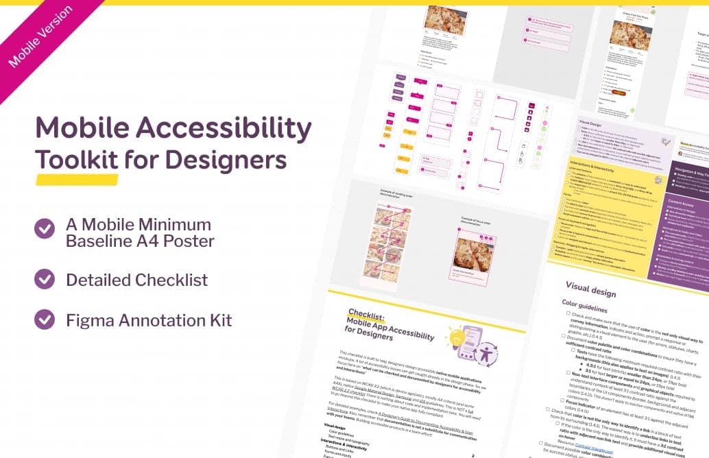 Mobile accessibility toolkit for designers: a mobile minimum baseline A4 poster, detailed checklist, figma annotation kit.