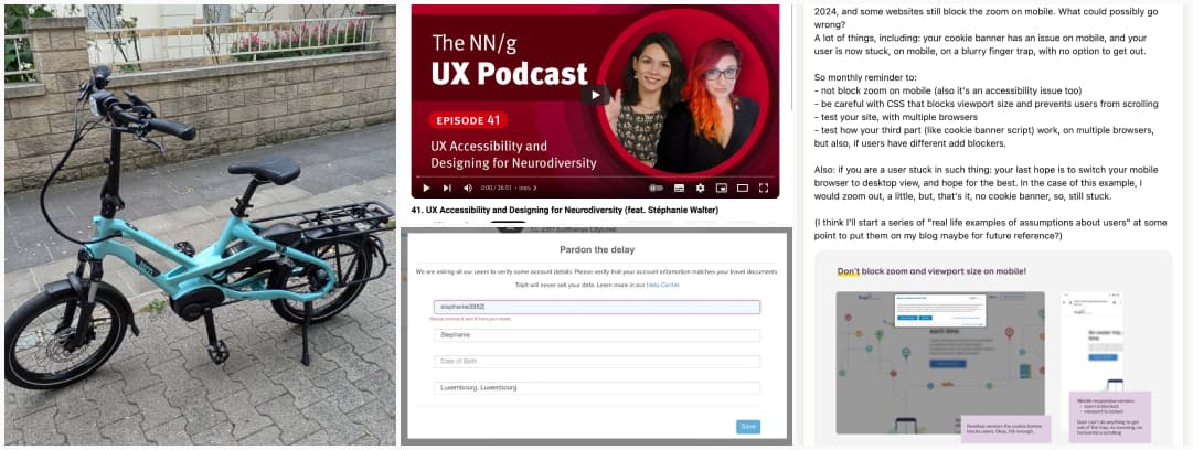 Collage of my Tern mint blue bike, the Youtube thumbnail of the NN group podcast on accessibility, a form field that uses placeholders instead of labels and a LinkedIn post about not blocking zoom on mobile