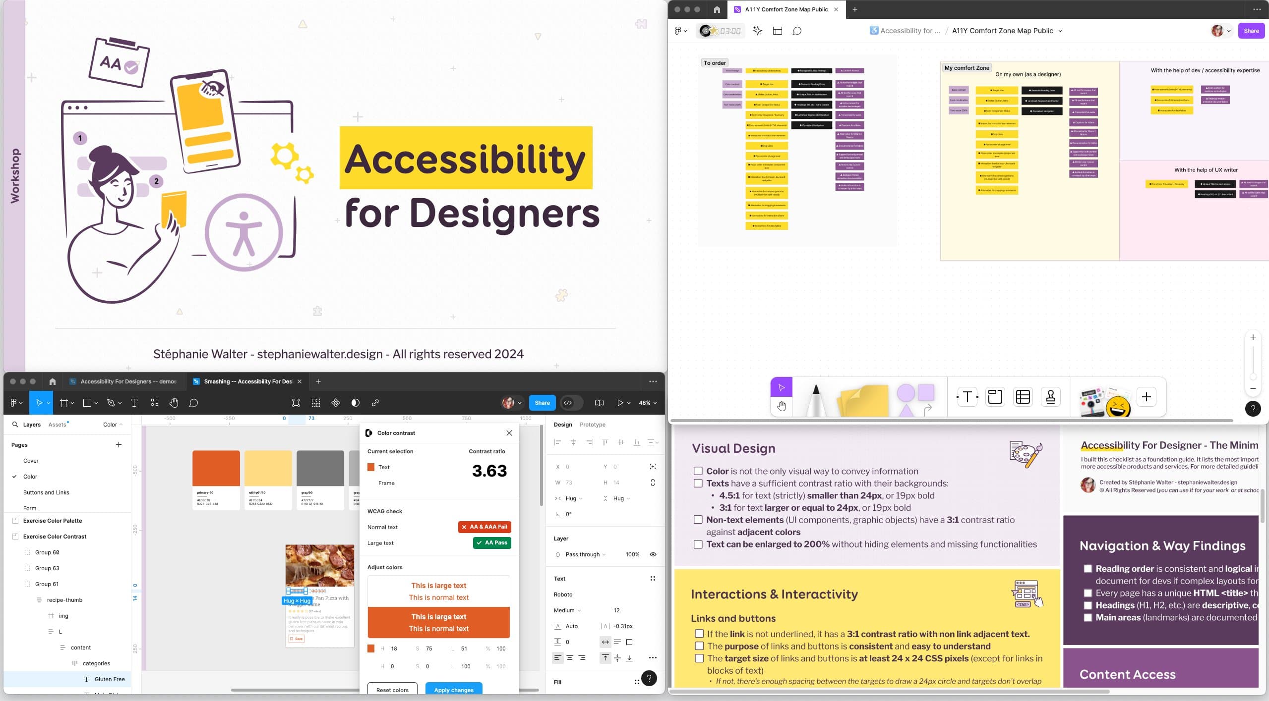 Collage of my first slide, a color contrast exercise in Miro, an accessibility comfort zone map board in Figjam and a checklist with multiple items.