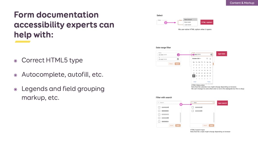 Form documentation accesssibility experts can help with. With some examples of fields documented in the design system