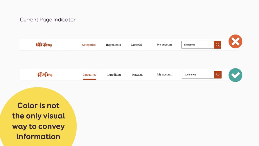 Examples of 2 navigation, one only has a color change to show the current item, the other has a border. The tagline says "Color is not the only visual way to convey information"