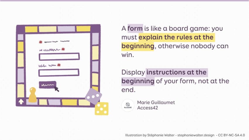 Illustration of a goose game, with a form in the middle. The tagline says: "a form is like a board game: you must explain the rules at the beginning, otherwise, nobody can win. Display instructions at the beginning of your form, not at the end"