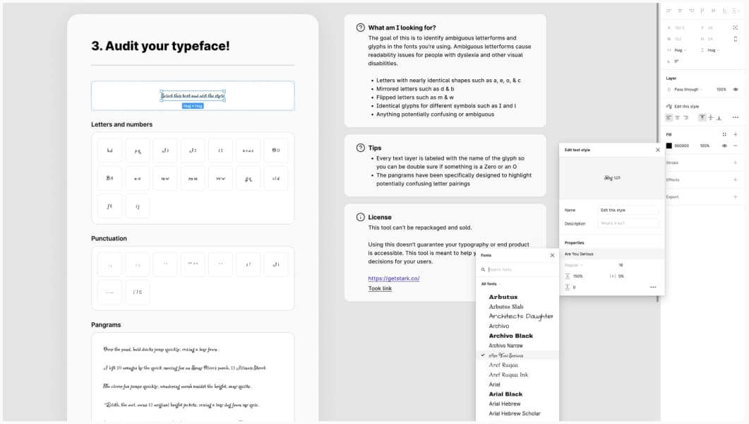 Screenshot of the font legibility template, with different combinations of letters that can be ambiguous