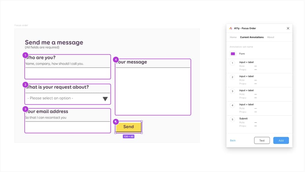 Screenshot of the Figma focus order plugin being used to document a 2 columns form. Documentation happens with little annotation bubbles with numbers.