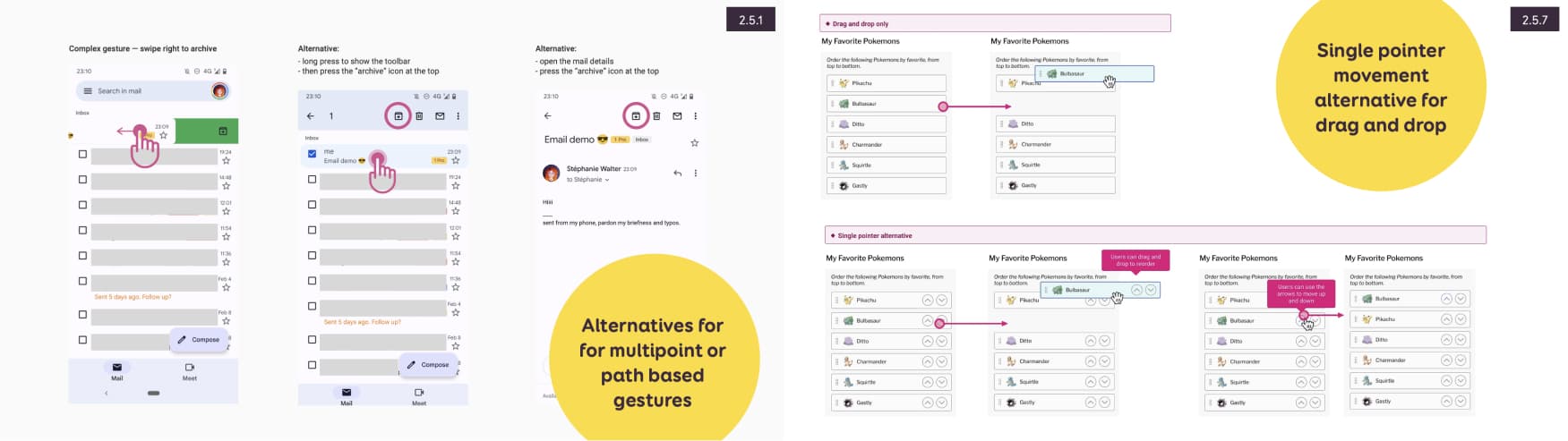 Example of a a path based gesture alternative, and a drag and drop button alternative