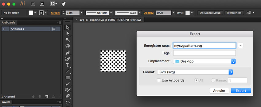 Astuce : exporter un SVG avec un pattern dans Illustrator CC 2015.