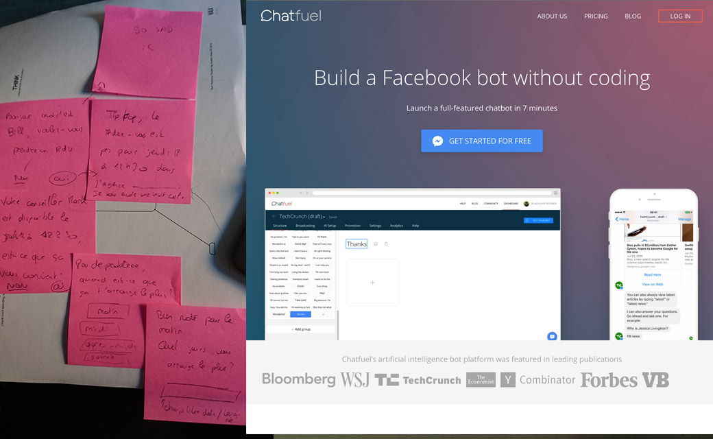 Chatfuel et prototypage en post it du chatbot