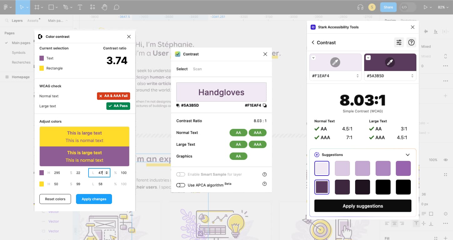 Collage of the 3 figma contrast analyser plugins in one single Figma file