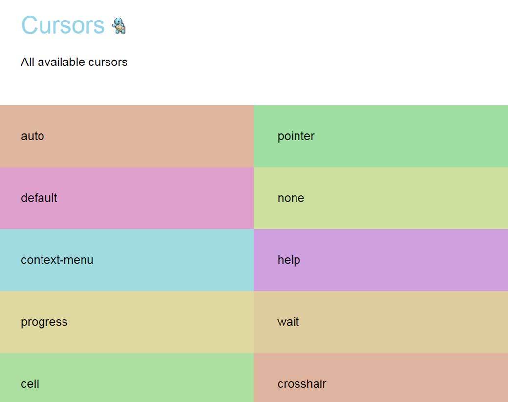 Un petit rappel illustré des différents curseurs disponibles en web