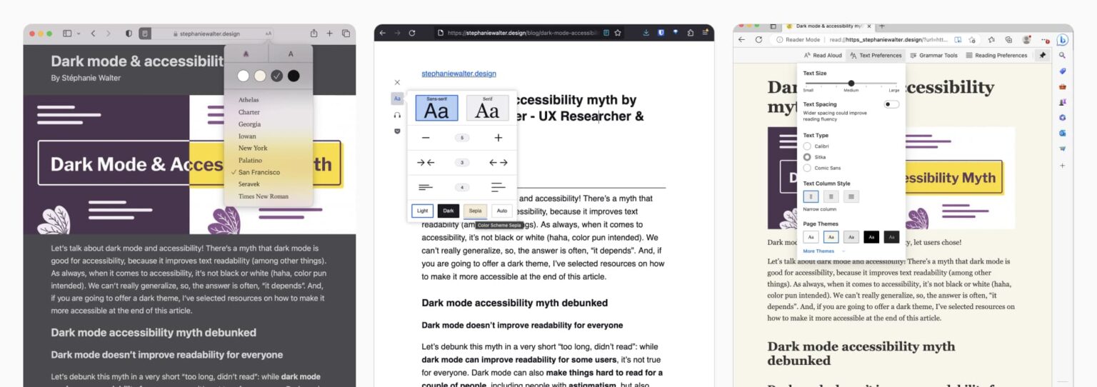 Exemples de mode de lecture Safari, Firefox et Edge avec différentes options pour personnaliser le texte, du mode clair au mode sombre avec différentes nuances de gris et de sépia entre les deux.