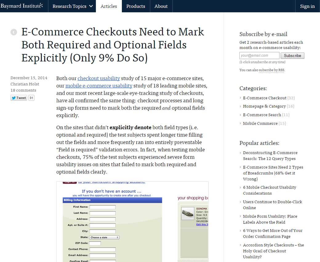 E-Commerce Checkouts Need to Mark Both Required and Optional Fields Explicitly (Only 9% Do So)