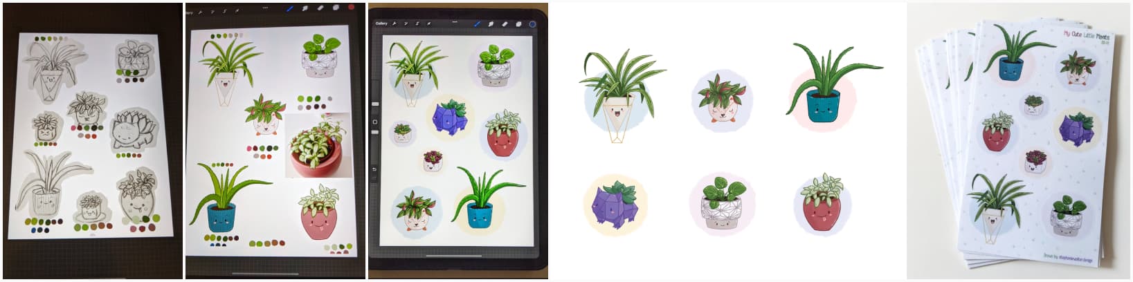 A paper drawing of the plants on my iPAd (the plants all have a cute kawaii face), the process at different steps, the final 6 plants and some kiss cut sticker sheets with all the plants