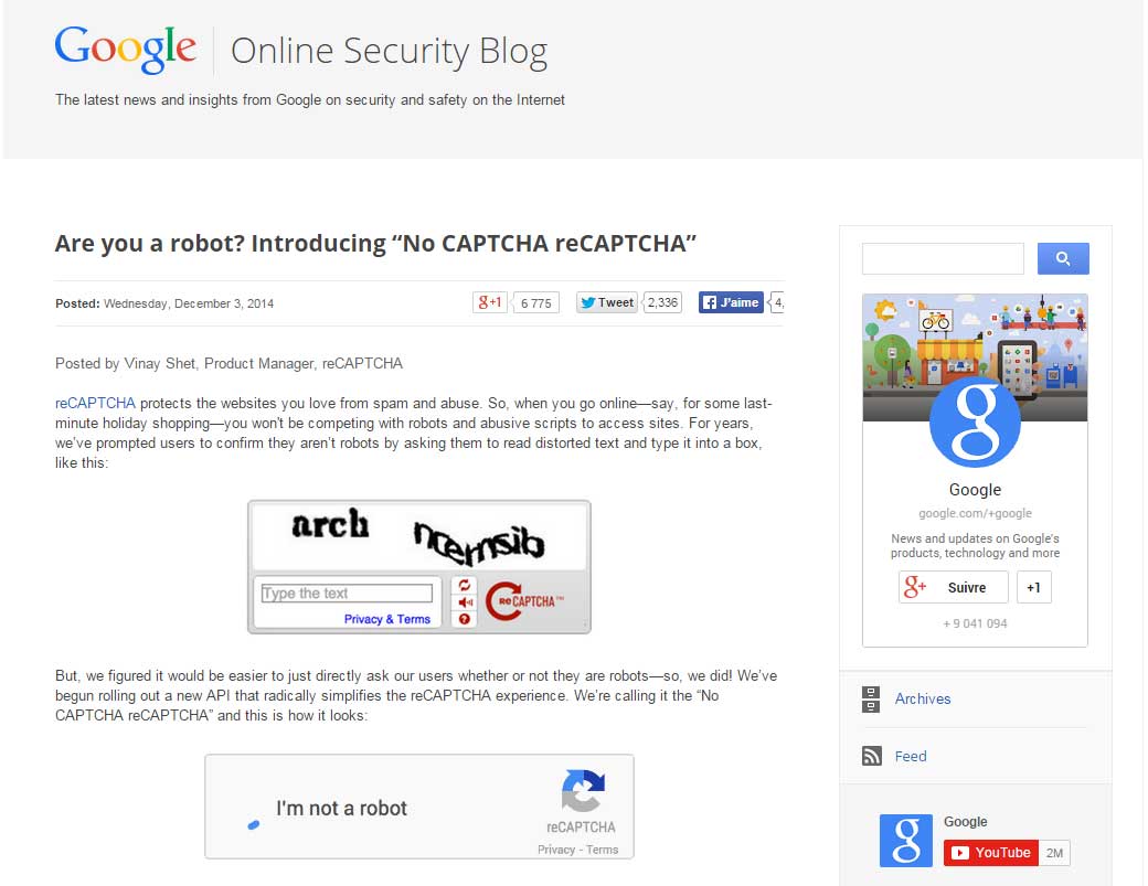 Are you a robot? Introducing “No CAPTCHA reCAPTCHA” 