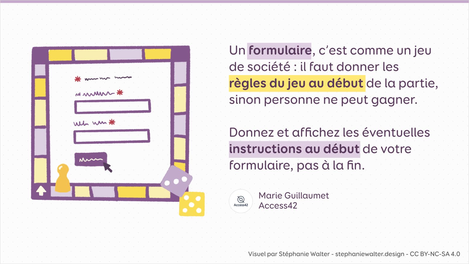 Illustration d'un jeu de l'oie entourant un formulaire dont les champs sont marqués avec un petite étoile rouge qui est identifiée au début du formulaire + text ci-dessous