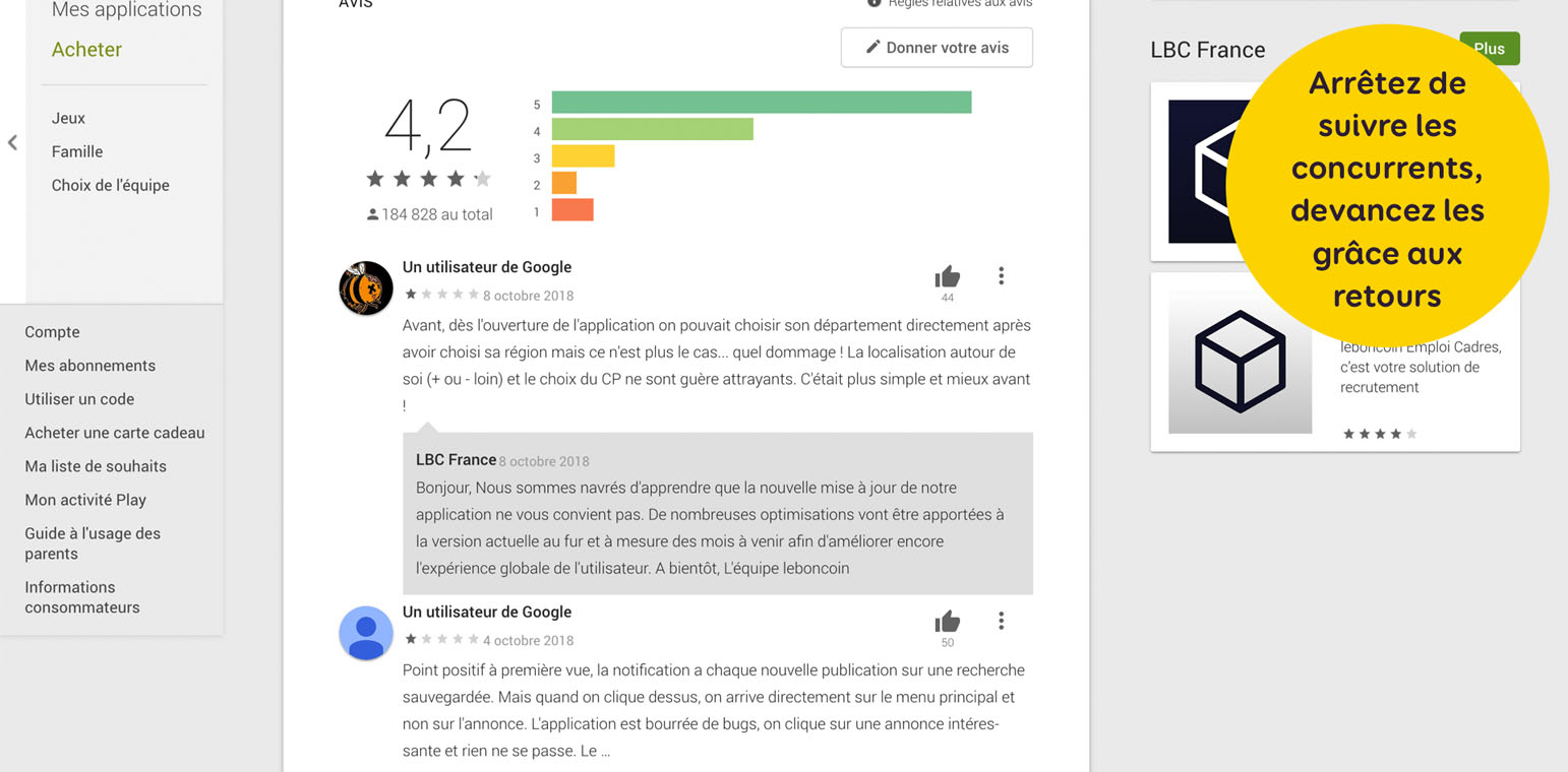 Android market, les avis sur l'application mobile de Leboncoin