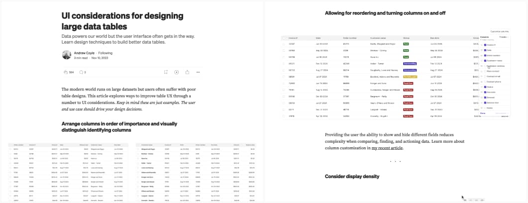 Screenshot of "UI considerations for designing large data tables" with examples of column ordering 