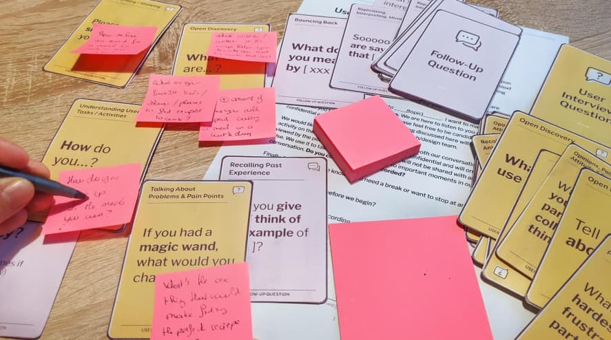 Multiple cards on a table with sticky notes on top of them to write the full question