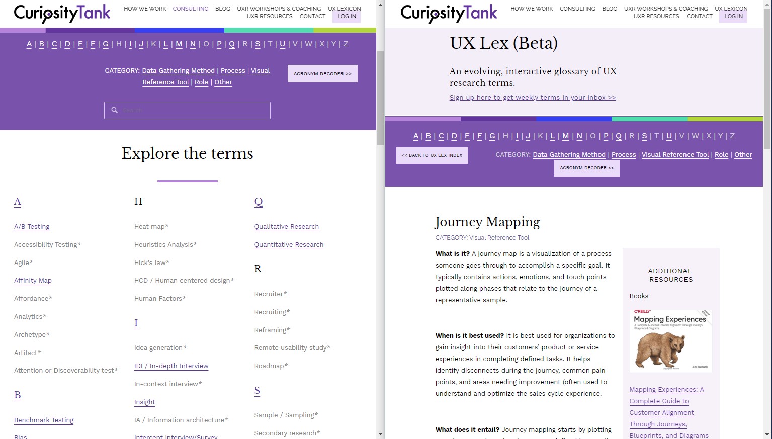 Screenshot of UX Lex with the definition of the word "Journey Mapping"