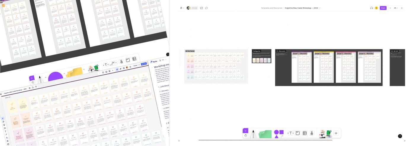 Screenshot of fragments of the online miro and figjam boards and an example of the workshop in figjam