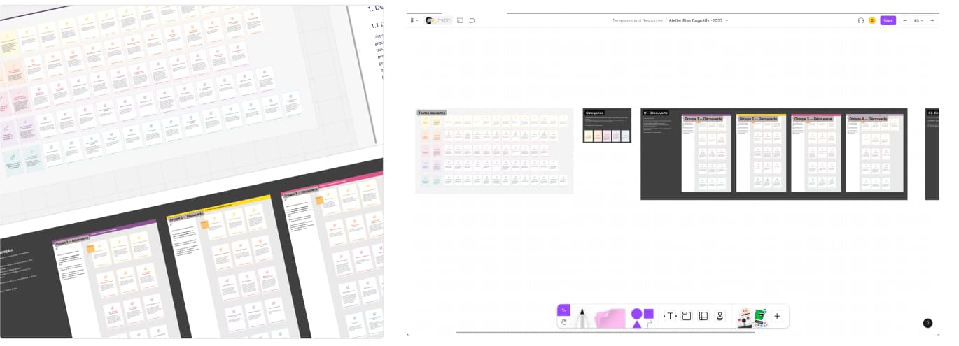 Capture d'écran de fragments des tableaux miro et figjam en ligne et d'un exemple d'atelier dans figjam