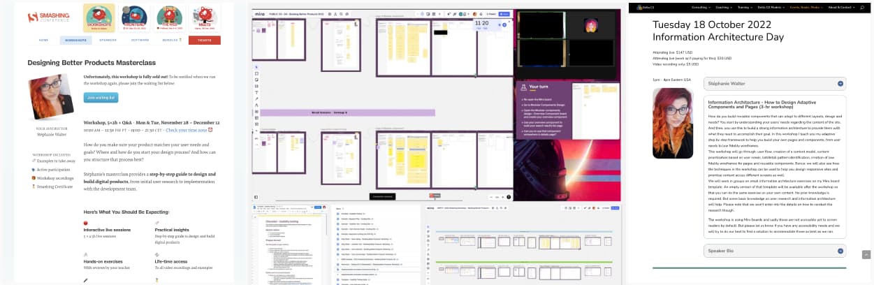 Screenshot of the smashing workshop page, of the workshop itself in zoom and miro and of the concentric workshop page