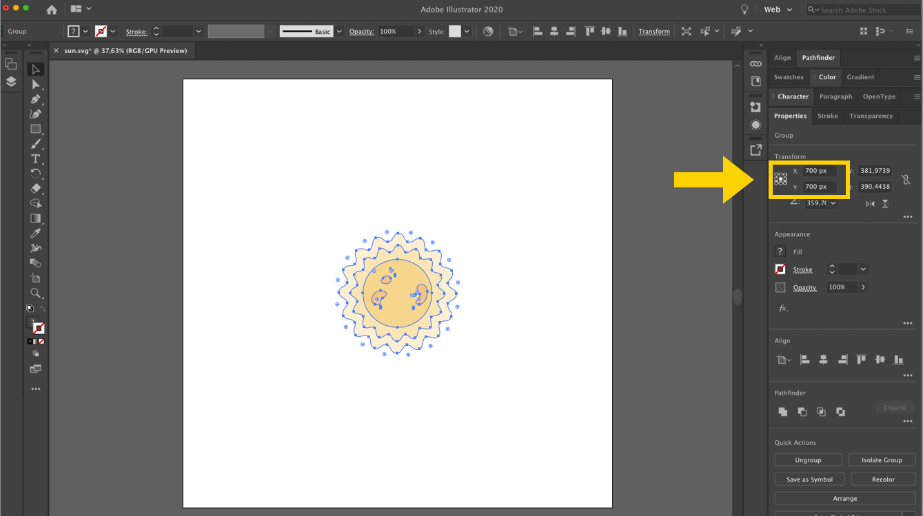 the sun SVG opened in illustrator showing the center of the element at 700px 700px